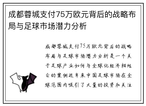 成都蓉城支付75万欧元背后的战略布局与足球市场潜力分析