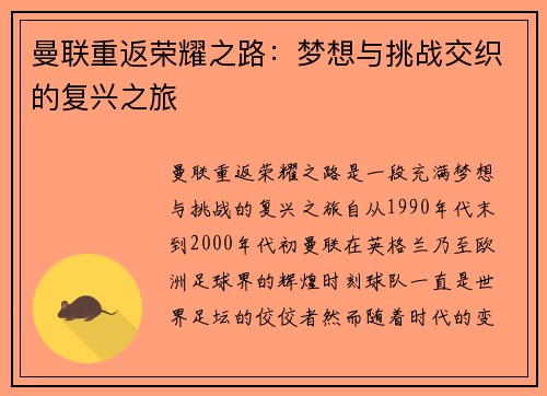 曼联重返荣耀之路：梦想与挑战交织的复兴之旅
