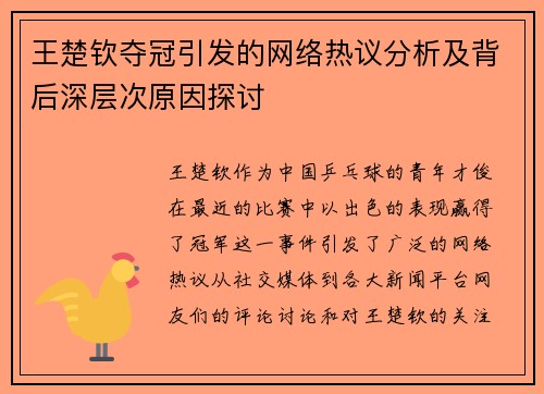 王楚钦夺冠引发的网络热议分析及背后深层次原因探讨
